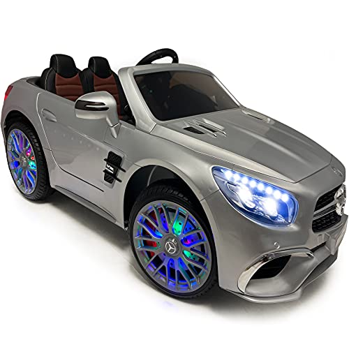 Americas Toys Kids Car with Remote Control, Mp4 Touch Screen, LED Wheels, Leather Seat  Licensed Electric Car for Kid to Drive, Open Trunk, Pull Handle, Compatible with Mercedes Benz Painted Silver