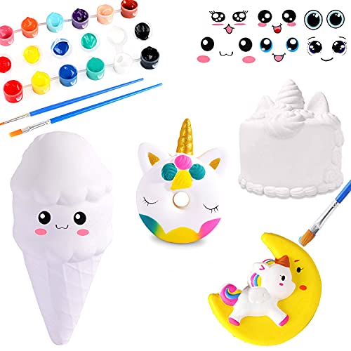 Squishies Painting Kit for Kids, DIY Dessert Paint Toys White Blank Arts and Crafts Kawaii Soft Creamy Squishy Slow Rise Making Kit for Girls Boys Party Favors Toys Stress Anxiety Relief for Kid Adult