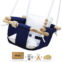 Load image into Gallery viewer, BBKids Baby Hanging Swing 6 Months to 4 Years, Toddler Swing Indoor and Outdoor, Canvas Baby Swing, Beech Wood is Not Moldy, Not Malicious, Full Set of Ceiling Screws (Navy and White)
