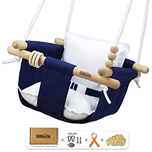 BBKids Baby Hanging Swing 6 Months to 4 Years, Toddler Swing Indoor and Outdoor, Canvas Baby Swing, Beech Wood is Not Moldy, Not Malicious, Full Set of Ceiling Screws (Navy and White)