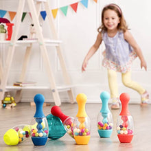 Load image into Gallery viewer, B. Toys  Let&#39;s Glow Bowling!  Multicolored Six Pin Toy Bowling Set with Flashing Light-Up Ball &amp; Carrying Caddy for Kids Ages 2+
