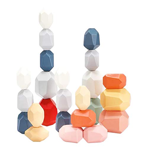 TITAKING Natural Wooden Blocks Colored Wooden Stones Stacking Game Educational Puzzle Toy (Color7 (24PCS))