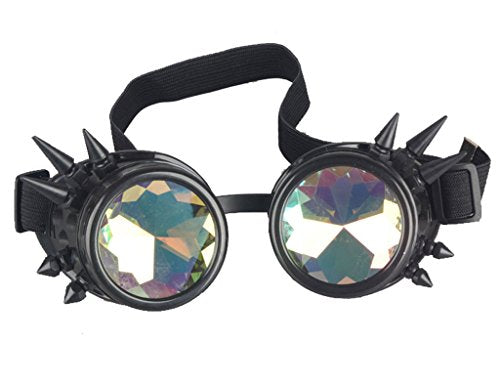FUT Festivals Chrome Vintage Frame Steamopunk Goggles Rainbow Lenses with Kaleidoscope Crystal Lenses