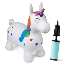 Load image into Gallery viewer, Hoovy Inflatable Bouncy Unicorn with Pump | Bouncing Unicorn Ride on Toy for Kids | Unicorn Jumping Hopper Gift for Toddlers &amp; Children | Portable &amp; Travel Friendly (White)
