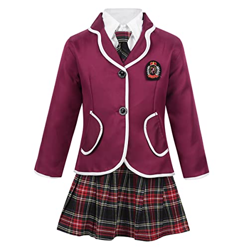JEEYJOO Girls Anime Cosplay Costume School Uniform Outfits Long Sleeve Jacket Shirt Tie Skirt Set Burgundy 5-6
