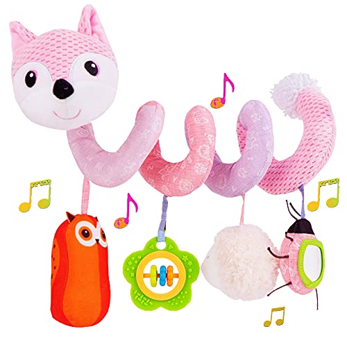 BATOHO Baby Car Seat Toys, Infant Activity Spiral Plush Toys Hanging Stroller Toys for Baby with Musical Sheep Rattles Owl Ladybird with Distorting Mirror - Pink Fox