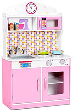 Load image into Gallery viewer, Fireflowery Kids Kitchen Playset, Wooden Cookware Toy Set w/Removable Sink, Microwave, Pegs on The Wall, Top Display Shelf, Pretend Kitchen for Toddler (Pink)
