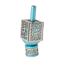 Load image into Gallery viewer, Yair Emanuel Decorative Dreidel on Base Turquoise Anodized Aluminum with Silver Metal Cutout Pomegranate Design Hanukkah Dreidel Spinning Top, Size Small
