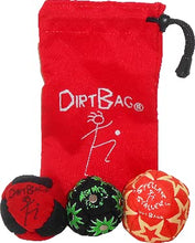 Load image into Gallery viewer, Dirtbag All Star Footbag Hacky Sack 3 Pack with Pouch, 100% Handmade, Premium Quality, Bright Vivid Colors, Signature Carry Bag - Red/Black
