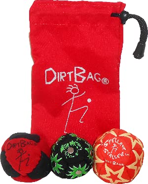 Dirtbag All Star Footbag Hacky Sack 3 Pack with Pouch, 100% Handmade, Premium Quality, Bright Vivid Colors, Signature Carry Bag - Red/Black