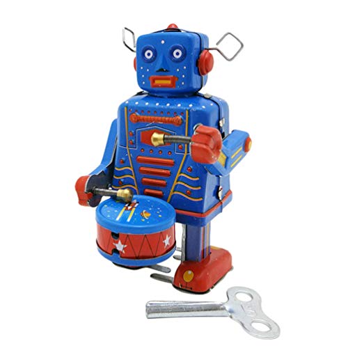 VOSAREA Clockwork Drumming Robot Wind up Cartoon Antique Tinplate Vintage Toy Adornment for Adults Kids Children