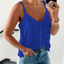 Load image into Gallery viewer, HIRIRI Women V Neck Button Down Tank Top Sleeveless Spaghetti Strap Camisole Loose Casual Summer Blouse Blue
