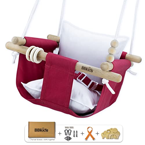 BBKids Baby Hanging Swing 6 Months to 4 Years, Toddler Swing Indoor and Outdoor, Canvas Baby Swing, Beech Wood is Not Moldy, Not Malicious, Full Set of Ceiling Screws (Rubine and White)