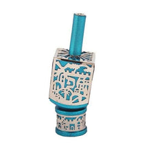 Load image into Gallery viewer, Yair Emanuel Decorative Dreidel on Base Turquoise Anodized Aluminum with Silver Metal Cutout Jerusalem Design Hanukkah Dreidel Spinning Top, Size Small
