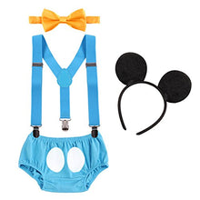 Load image into Gallery viewer, Baby Boy Mouse 1st Birthday Cake Smash Outfits Photo Props Bowtie Suspenders Shorts Headband #A: Blue Dots 3-6M
