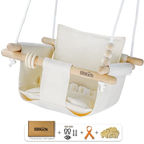 BBKids Baby Hanging Swing 6 Months to 4 Years, Toddler Swing Indoor and Outdoor, Canvas Baby Swing, Beech Wood is Not Moldy, Not Malicious, Full Set of Ceiling Screws (Cream)