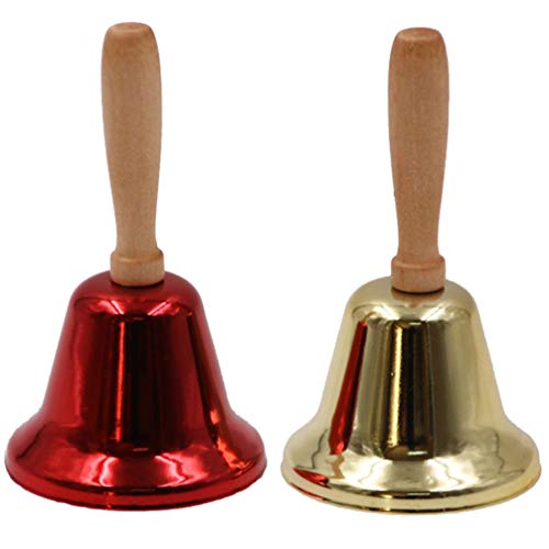 PRETYZOOM 4pcs Christmas Dinner Bell Handheld With Wood Handle Iron Hand Bell Loud Metal Handheld Ring Tea Bell For Kids Christmas School Wedding Festival Calling Attention And Assistance (golden+red)