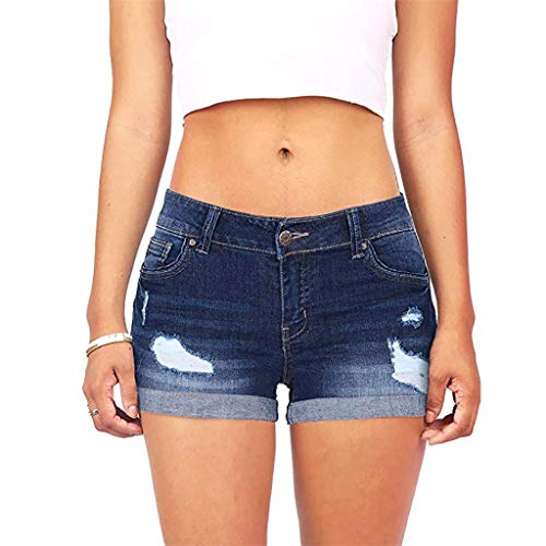Forthery Women's Juniors Stretch Denim Shorts Fashion Ripped Hole Button Mini Jeans Pants(Navy,S)