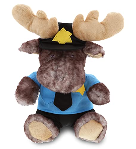 DolliBu Brownish Sitting Moose Police Officer Plush Toy - Soft Moose Cop Stuffed Animal Dress Up with Cute Cop Uniform; Cap Outfit - Fluffy Policeman Toy Plush Gift with Personalization - 10