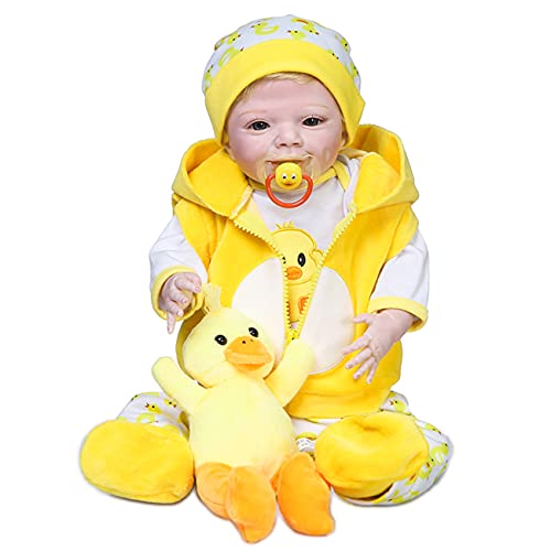 Wamdoll 22 inch 55CM Lifelike Sweet Smile Face Real Baby Size Detailed Painting Reborn Toddler Girl Doll Hand Rooted Hair Newborn Baby Doll Yellow Duck Gift Set Crafted in Silicone Vinyl