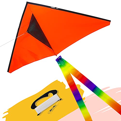 emma kites Fun Color Delta Kite Easy for Beginners Kids Adults Great Family Out Games Park Beach Sports, with 300Ft Kite Line and Rainbow Kite Tail Fluorescent Orange