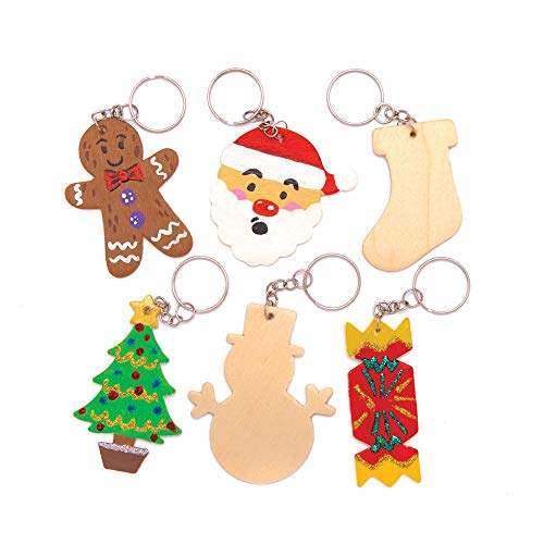 Baker Ross AT212 Christmas Wooden Keyrings Kits - Pack of 8, Festive Arts and Craft