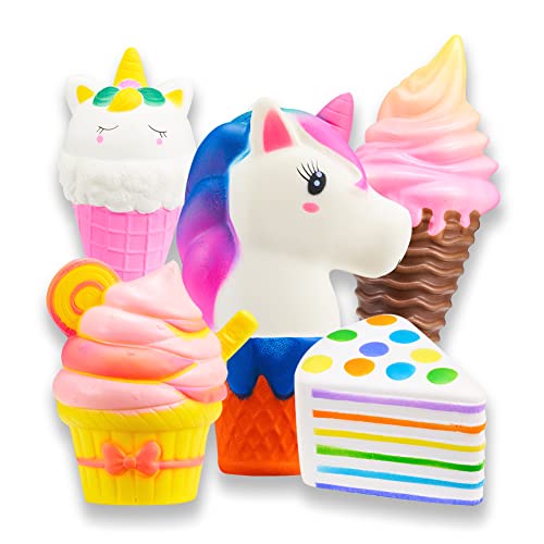Slow Rising Jumbo SQUISHIES Set Pack of 5 - Rainbow Triangle Cake, Unicorn Ice Cream, Cake Cup & Colorful Horse-Ice Cream, Kawaii Squishy Toys or Stress Relief Toys Sticker Come with The Squishys