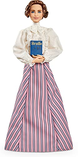 Barbie Inspiring Women Helen Keller Doll (12-inch) Wearing Blouse and Skirt, with Doll Stand & Certificate of Authenticity, Gift for Kids & Collectors , Pink