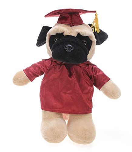 Plushland Pug Plush Stuffed Animal Toys Present Gifts for Graduation Day, Personalized Text, Name or Your School Logo on Gown, Best for Any Grad School Kids 12 Inches(Maroon Cap and Gown)