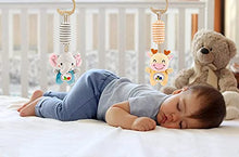 Load image into Gallery viewer, willway 2 Packs Baby Rattles Wind Chime Toys, Hanging Stroller Toys Car Seat Toy for Baby Infant 0-36 Months, Elephant and Giraffe Clip Hanging Plush Squeeze Toys
