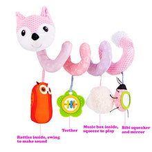 Load image into Gallery viewer, BATOHO Baby Car Seat Toys, Infant Activity Spiral Plush Toys Hanging Stroller Toys for Baby with Musical Sheep Rattles Owl Ladybird with Distorting Mirror - Pink Fox
