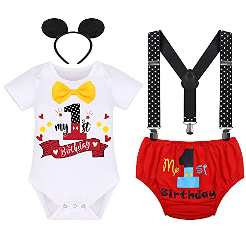 Baby Boy 1st Birthday Cake Smash Outfits Mouse Photo Costume Romper+Suspenders+Shorts+Headband 23: White 1st 12-18M