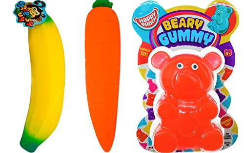 JA-RU Stretchy Banana, Carrot & Gummy Bear. Sensory Toys (3 Pack) Stress Relief Toys | Fidget Toys for Kids and Adults. Autism, Anxiety, Therapy Squishy Toys & Party Favors. & Sticker 3340-3342-4341s