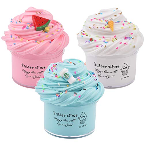 WUHUANIU Slime Kit with 3 Pack Butter Slime,Pink Watermelon,White Ice Cream and Ocean Coffee,Scented Slime Kit for Girls and Boys ,Super Soft and Non Sticky DIY Surprise Slime(3x100ml)