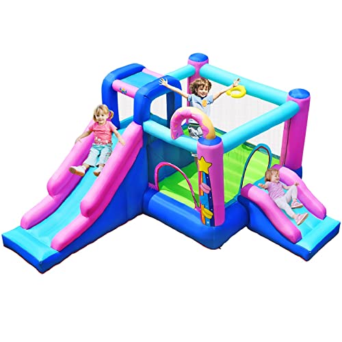 BOUNTECH Inflatable Bounce House, 5 in 1 Kids Jumper Bouncer with Slides, Jumping Area, Climbing Wall, Basketball Rim, Bouncy House for Kids, Including Carry Bag, Stakes, Repair (Without Air Blower)