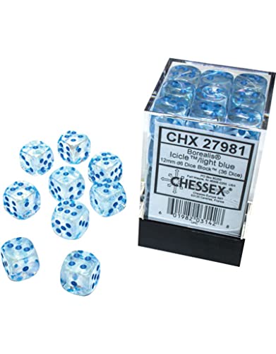 Chessex Borealis 12mm d6 Icicle/Light Blue Luminary Dice Block (36 dice) (27981)