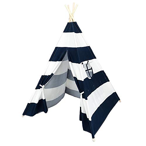 Unknown1 Wooden Poles Kids Playhouse Indian Canvas Teepee Play Tent Blue and White Stripes Girls Indoor