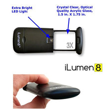 Load image into Gallery viewer, Best Pocket Magnifying Glass by iLumen8-3X Small Magnifier with Lights. Great for Seniors, Kids, Travel. Fits into Purse or Pocket Read Maps, Menu, Jewelry, Coins Hobby Stamps. Lighted Low Vision Aid
