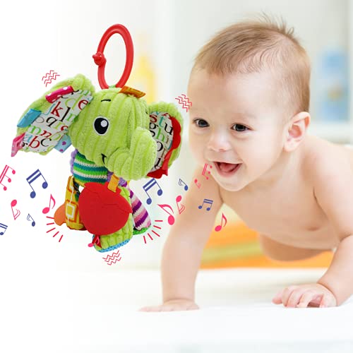 Car Seat Toys Baby Toy Infant Toy with Musical Box Stroller Toys Crib Toy Development Toy with Rattles Crinkle Teether Magic Mirror, Stroller Clip-On Carseat Cot Crib Bed Hanging Toy - Elephant