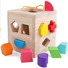 Load image into Gallery viewer, Wooden Shape Sorter Cube Toy with 12 Colorful Wood Geometric Shape Blocks and Carrying Strap Sorting Box Classic Developmental Learning Matching Gifts Classic Toys for Toddlers Baby Kids Age 3+
