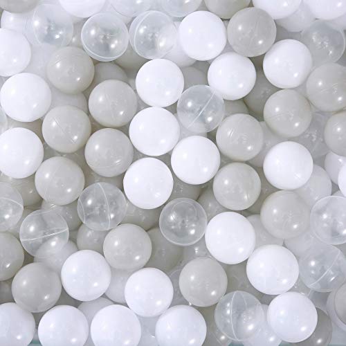 Thenese Pit Balls for Kids, 100 pcs 2.15 Inches Thicken Soft Plastic Crush Proof Ball Pit Balls BPA Phthalate Free Baby Toddler Toy Ball with 3 Color White Clear and Warm Grey