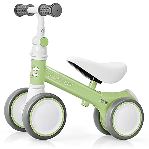 BABY JOY Baby Balance Bike, 6-24 Months Children Walker, No Pedal Infant 4 Wheels Toddler Bicycle with Adjustable Seat, Kids Riding Toys for 1 Year Old Boys Girls, Babys First Birthday Gift, Green