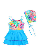 Load image into Gallery viewer, Freebily Little Girls Summer Swimming Costume Sleeveless Layered Dress with Hat Swimsuit Bathing Suit Colorful Tie Dye 12 Years
