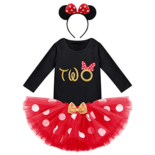 Baby Girl My 2nd Birthday Outfit Mini Bow Two Romper Sequins Polka Dot Tutu Skirt Mouse Ears Headband 3PCS Clothes Set for 1 Year Old Princess Cake Smash Photo Party Dress Costume Black - Two 2 Years