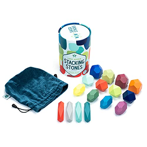 Safer Stacks - Wooden Stacking Stones/Rocks - Montessori Toddler Toy Blocks - Mega XL - Choke Test Certified - Not A Choking Hazard - Safe for 12m+ 1 2 3 4 5 - 16pcs