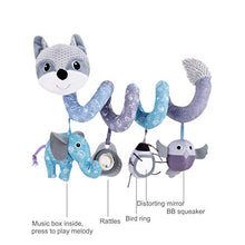 Load image into Gallery viewer, ORZIZRO Car Seat Toys, Baby Plush Spiral Hanging Toys for Stroller Crib Bar Bassinet Car Seat Mobile with Musical Owl BB Squeaker Elephant- Gray Fox
