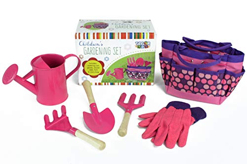 Taylor Toy Kids Gardening Set - Garden Tools for Girls, Boys, Toddler & Children of All Ages - Gloves, Water Can, Shovel, Rake, & Tool Belt - Flower & Yard Play Sets - Building Kit Outdoor Toys - Pink