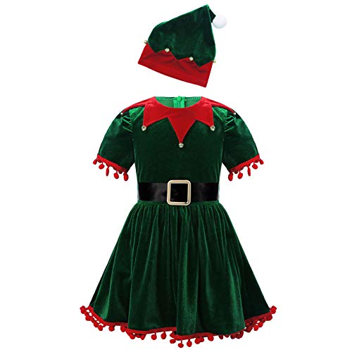 winying Kids Girls Christmas Santa Claus Cosplay Costume Ruffled Sleeves Tassel Tutu Dress with Hat Belt Green 18-24 Months