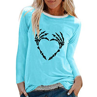 TOPUNDER Womens Halloween Print Shirts O-Neck Long Sleeve Top Loose T-Shirt Blouse Sky Blue