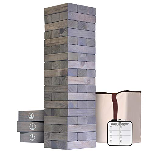 GoSports Giant Wooden Toppling Tower (Stacks to 5+ Feet) - Choose Between Natural, Brown Stain, Gray Stain or Stars and Stripes - Includes Bonus Rules with Gameboard, Made from Premium Pine